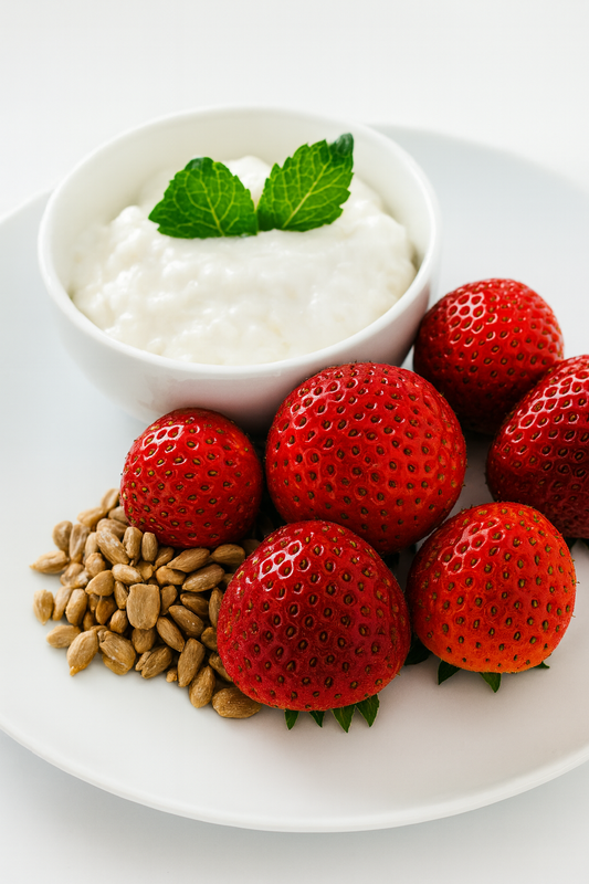 Cottage Cheese with Sunflower Seeds and Strawberries