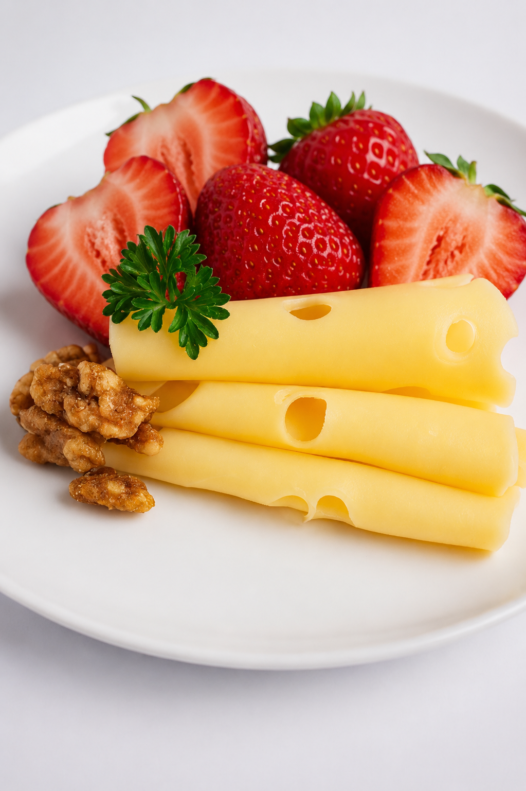 Swiss Cheese with Caramelized Walnuts and Strawberries