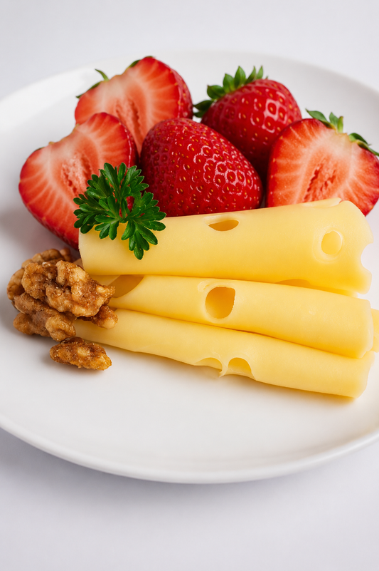 Swiss Cheese with Caramelized Walnuts and Strawberries